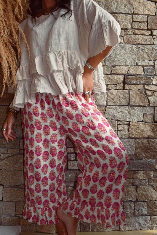 Daughter Of Ibiza Indira Frill Kick Pant Fuchsia & Marigold