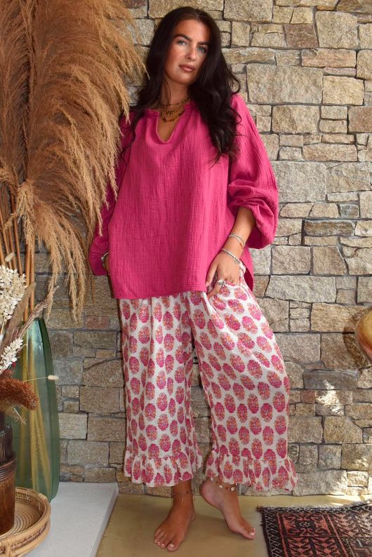 Daughter Of Ibiza Indira Frill Kick Pant Fuchsia & Marigold