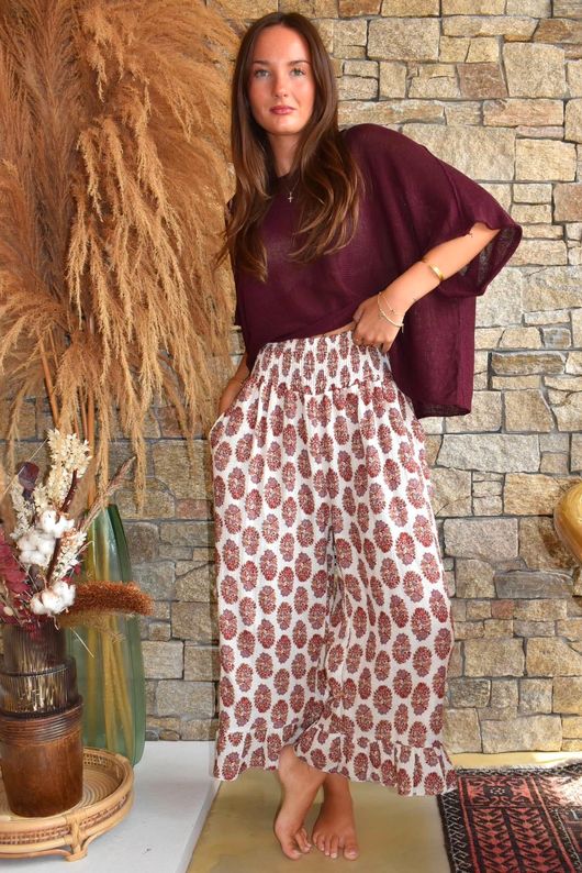 Daughter Of Ibiza Indira Frill Kick Pant Merlot & Mauve