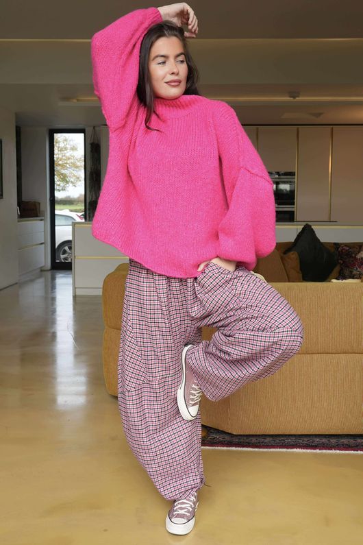 Donald Plaid Brushed Cotton Barrel Pant Pink