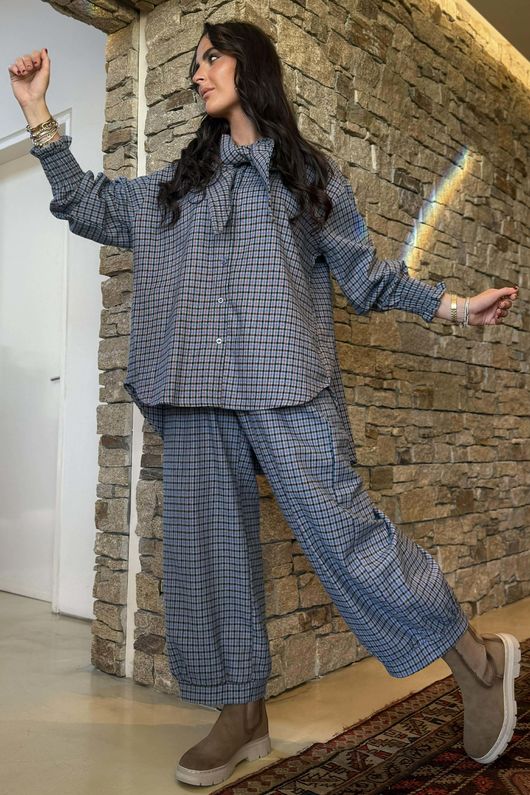 Donald Plaid Brushed Cotton Neckerchief Blouse Denim