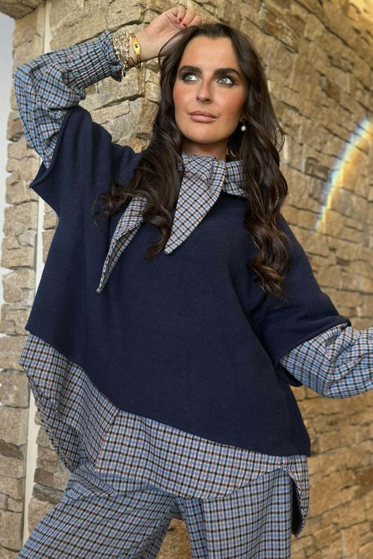 Donald Plaid Brushed Cotton Neckerchief Blouse Denim