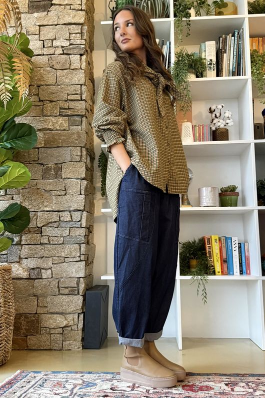 Donald Plaid Brushed Cotton Neckerchief Blouse Olive