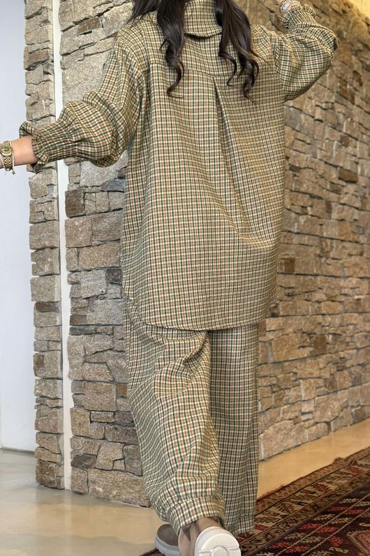 Donald Plaid Brushed Cotton Neckerchief Blouse Olive