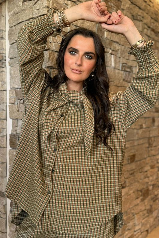 Donald Plaid Brushed Cotton Neckerchief Blouse Olive