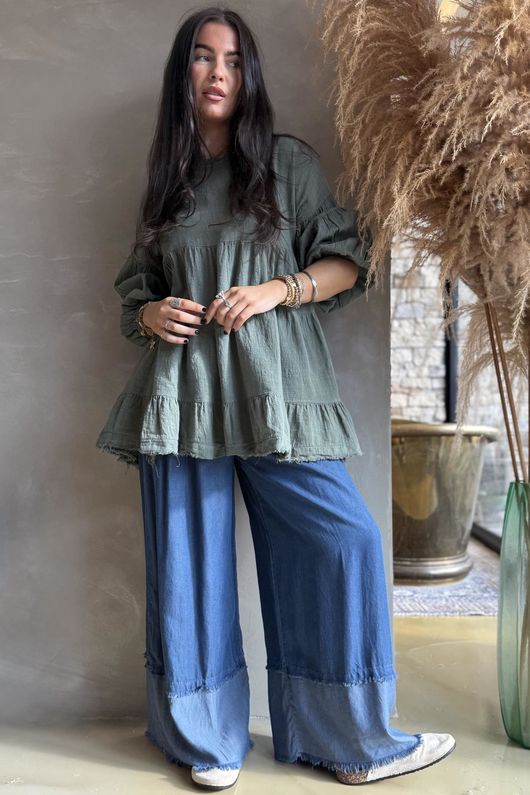 Driftwood Bell Sleeve Smock Top Khaki