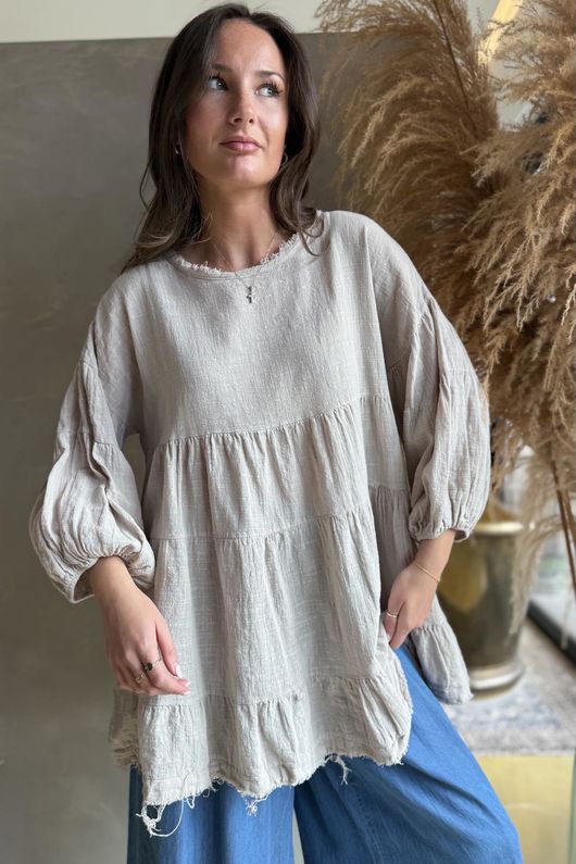 Driftwood Bell Sleeve Smock Top Stone /10=