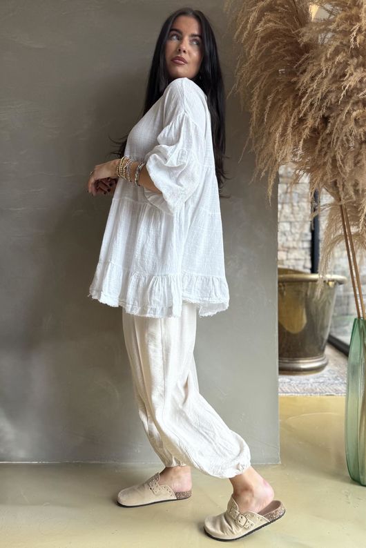 Driftwood Bell Sleeve Smock Top White