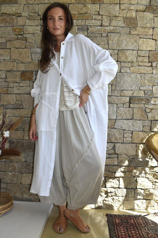 Dusk Bubble Cotton Duster Shirt Dress White