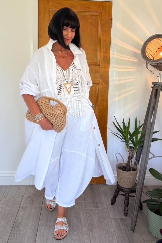 Dusk Bubble Cotton Duster Shirt Dress White
