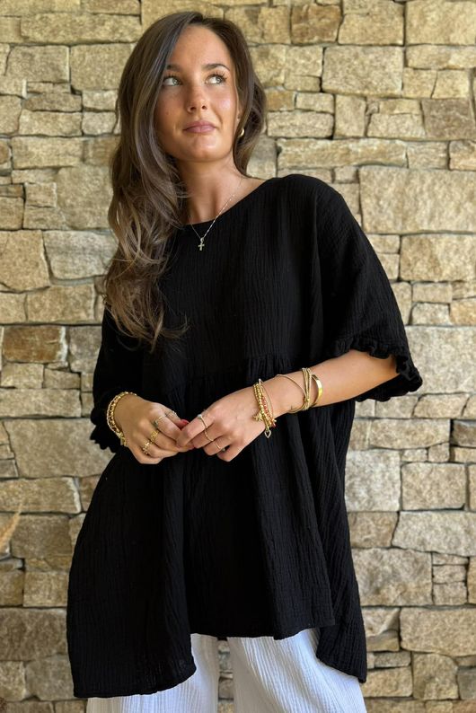 Dusk Bubble Cotton Smock Top Black
