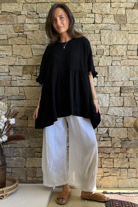 Dusk Bubble Cotton Smock Top Black