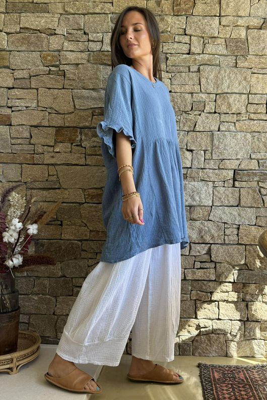 Dusk Bubble Cotton Smock Top Denim