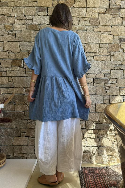 Dusk Bubble Cotton Smock Top Denim