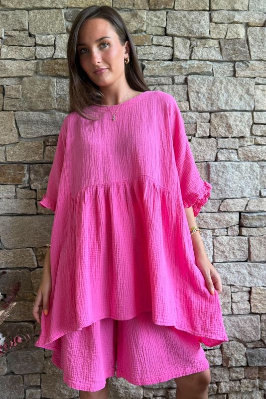 Dusk Bubble Cotton Smock Top Hot Pink