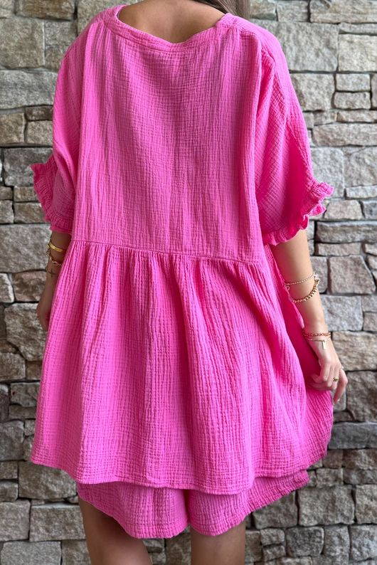 Dusk Bubble Cotton Smock Top Hot Pink