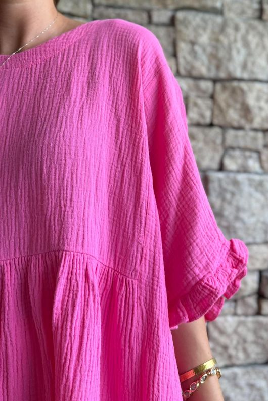 Dusk Bubble Cotton Smock Top Hot Pink
