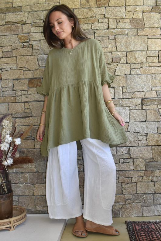Dusk Bubble Cotton Smock Top Olive