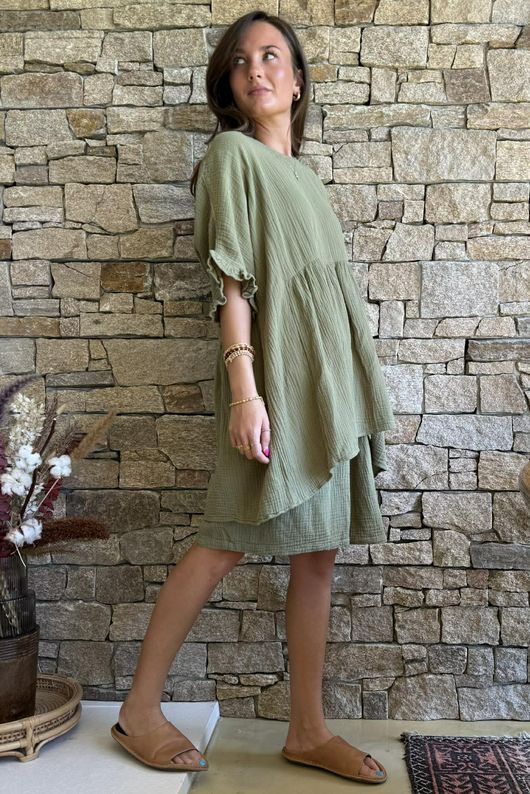 Dusk Bubble Cotton Smock Top Olive