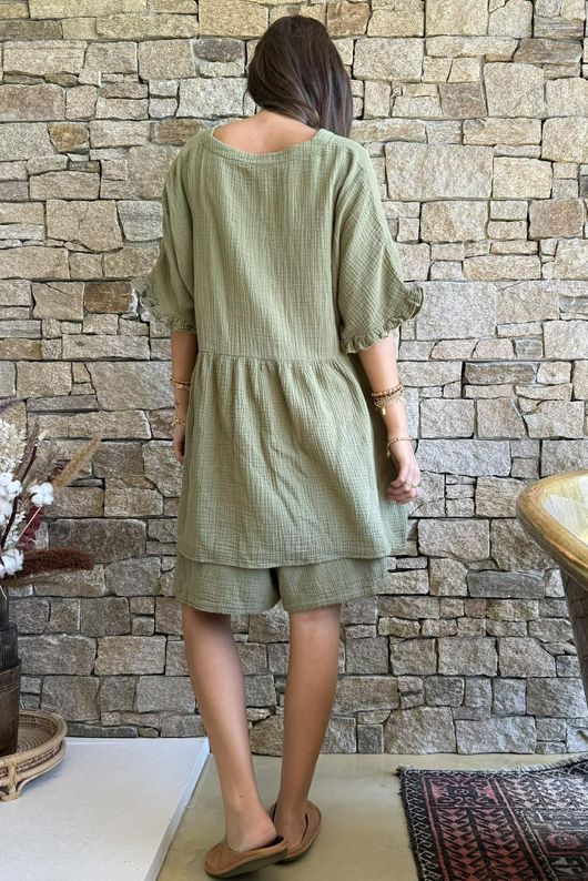 Dusk Bubble Cotton Smock Top Olive