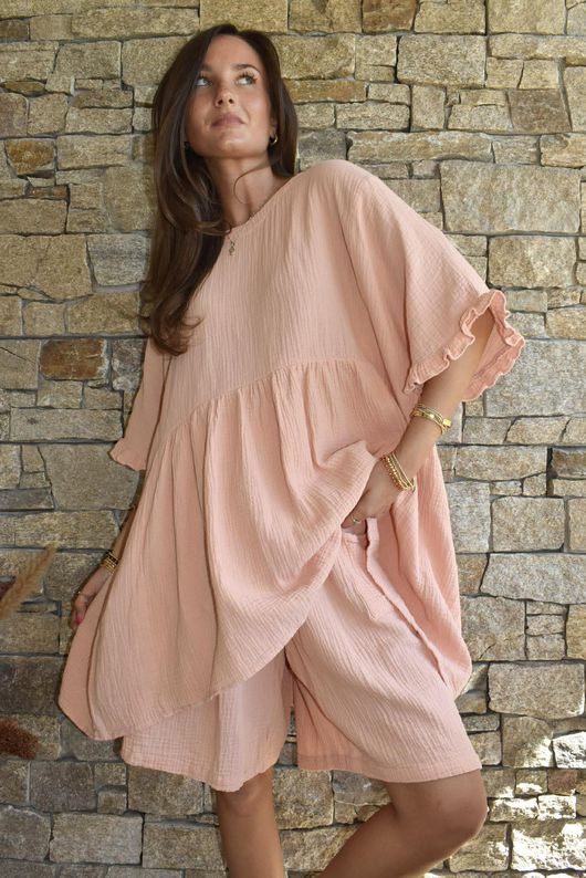 Dusk Bubble Cotton Smock Top Peachy Nude