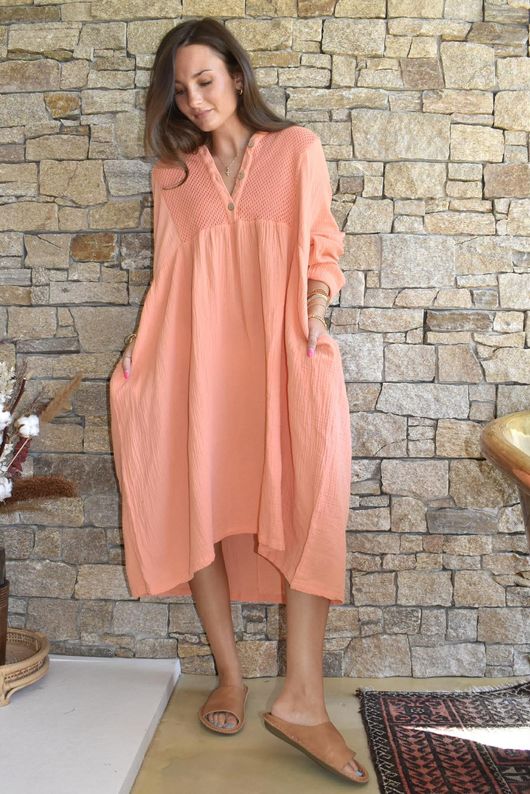 Dusk Bubble Cotton Teabag Smock Dress Apricot Sun