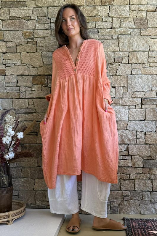 Dusk Bubble Cotton Teabag Smock Dress Apricot Sun