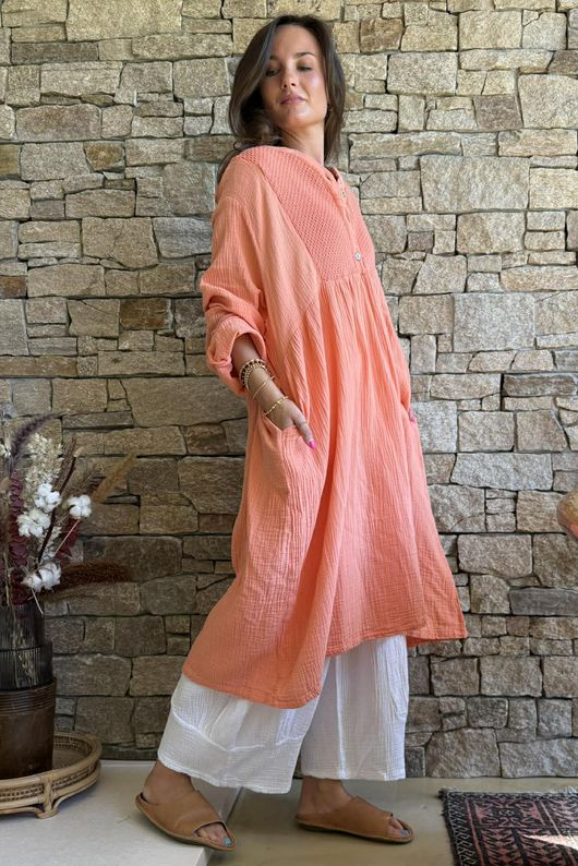 Dusk Bubble Cotton Teabag Smock Dress Apricot Sun