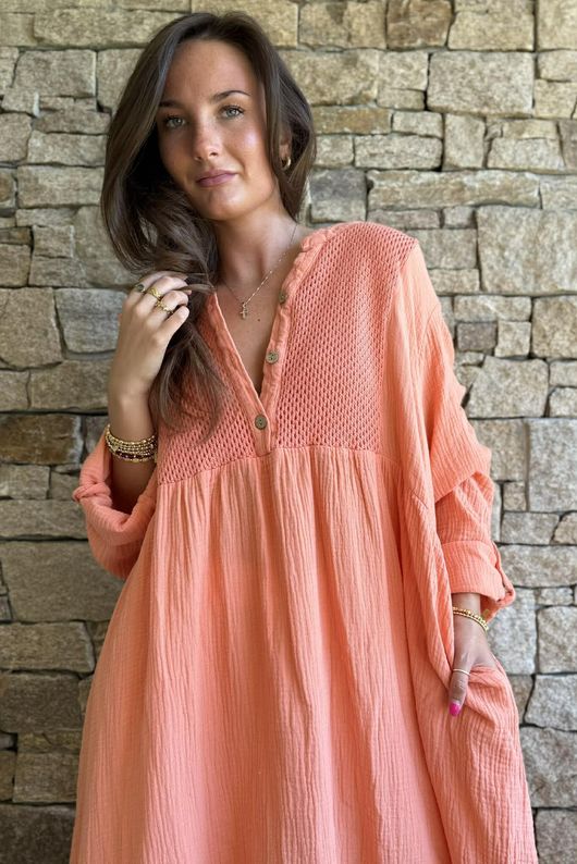 Dusk Bubble Cotton Teabag Smock Dress Apricot Sun