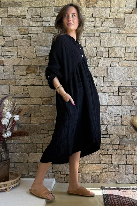 Dusk Bubble Cotton Teabag Smock Dress Black