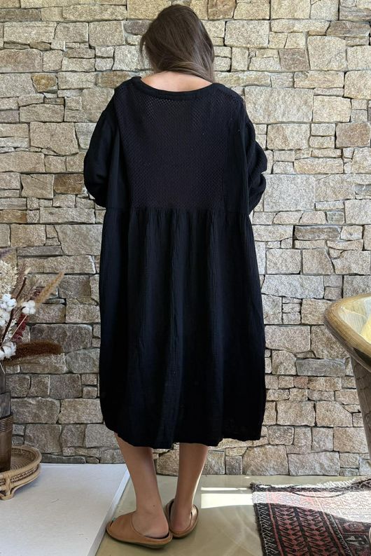 Dusk Bubble Cotton Teabag Smock Dress Black