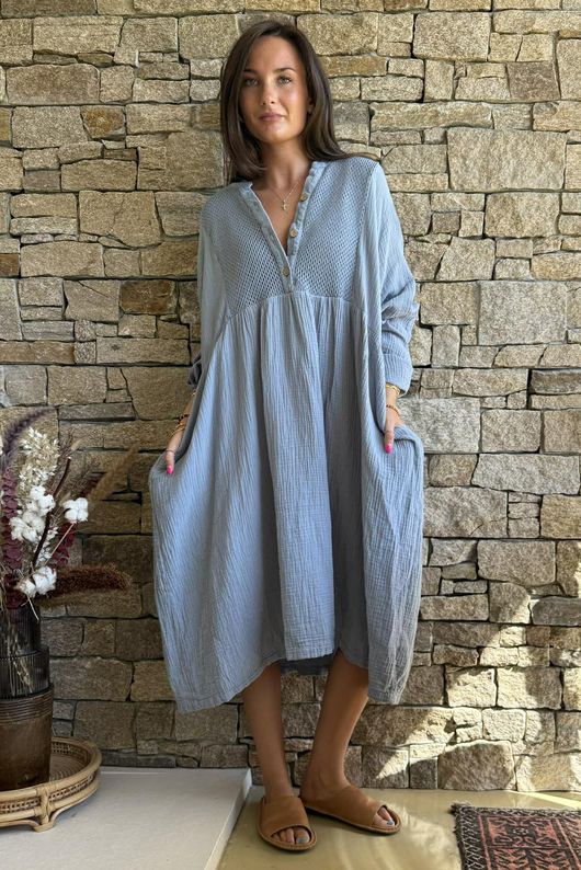 Dusk Bubble Cotton Teabag Smock Dress Bridgerton Blue