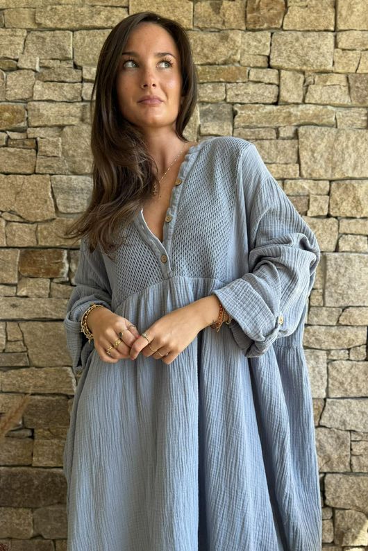 Dusk Bubble Cotton Teabag Smock Dress Bridgerton Blue