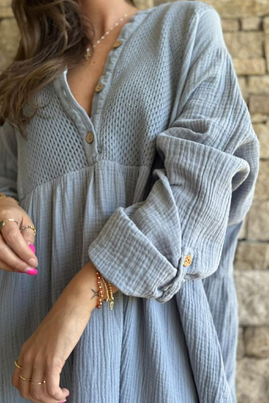 Dusk Bubble Cotton Teabag Smock Dress Bridgerton Blue