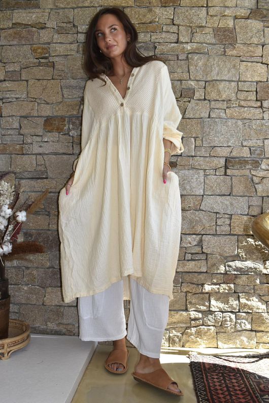 Dusk Bubble Cotton Teabag Smock Dress Buttercream