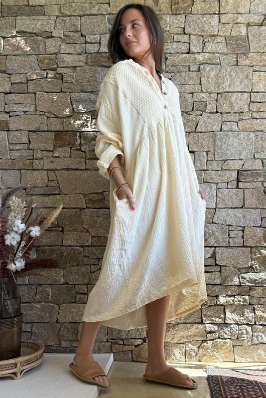 Dusk Bubble Cotton Teabag Smock Dress Buttercream