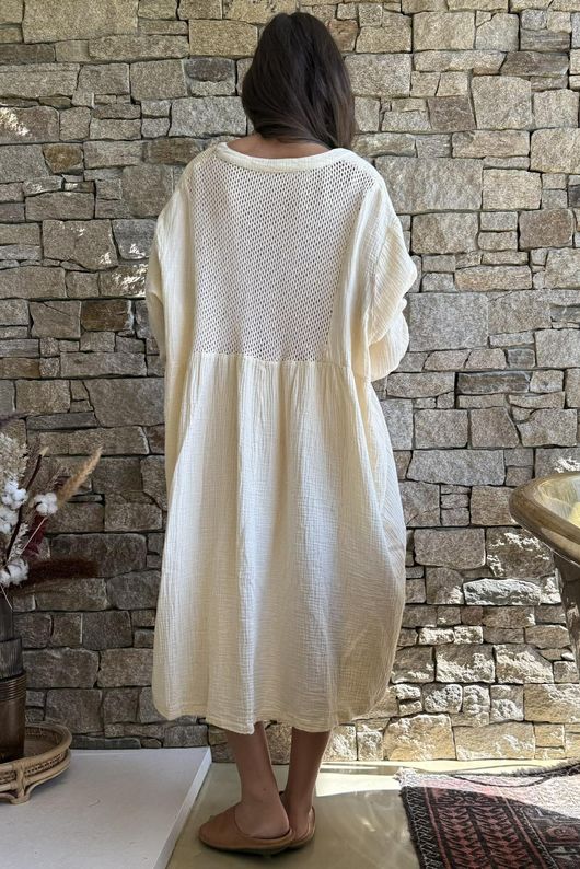 Dusk Bubble Cotton Teabag Smock Dress Buttercream