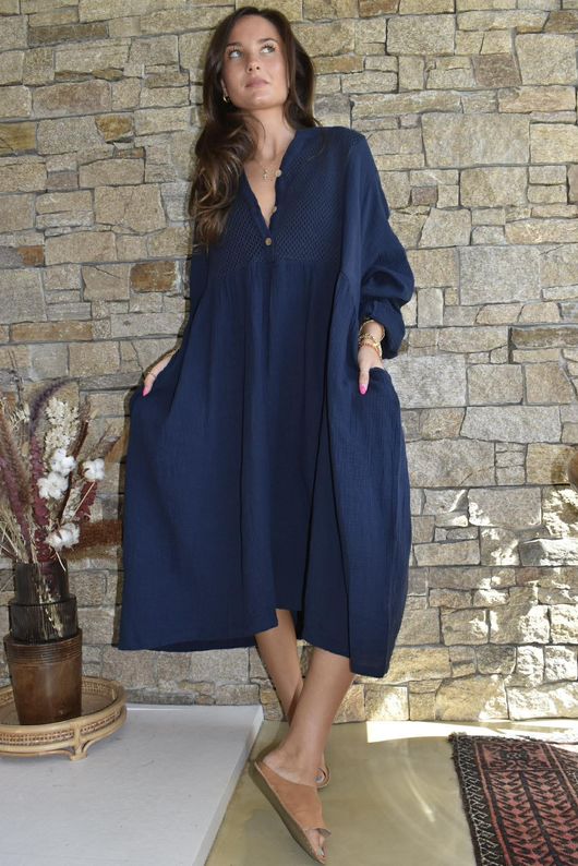 Dusk Bubble Cotton Teabag Smock Dress Navy