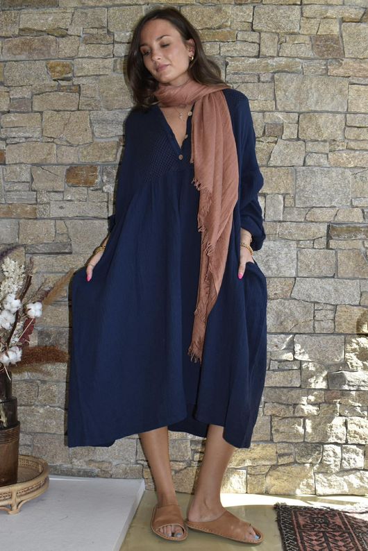 Dusk Bubble Cotton Teabag Smock Dress Navy