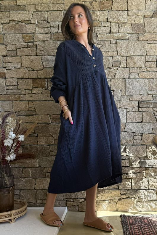 Dusk Bubble Cotton Teabag Smock Dress Navy