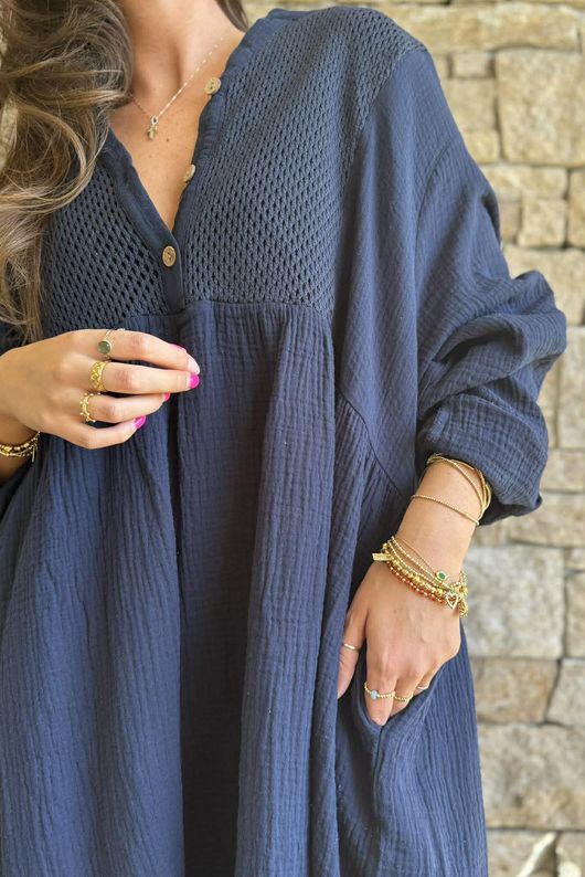 Dusk Bubble Cotton Teabag Smock Dress Navy