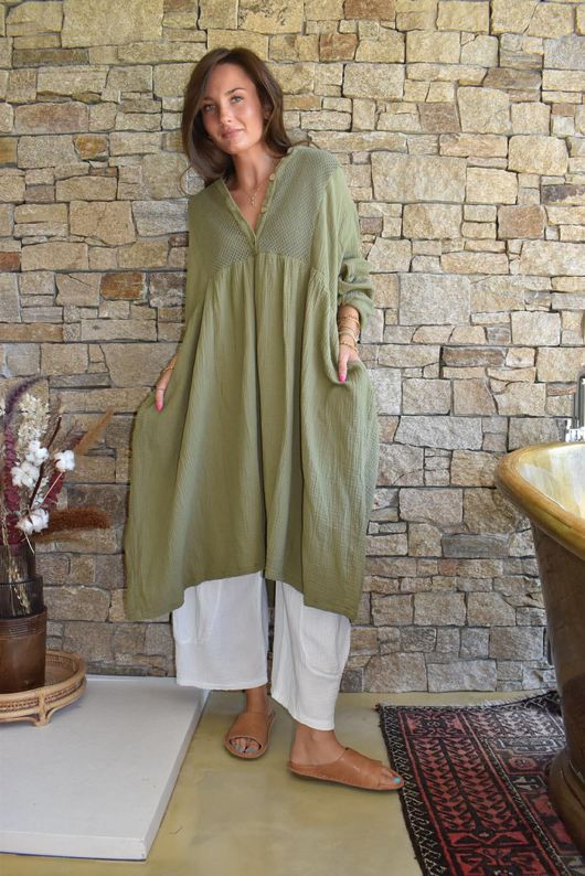 Dusk Bubble Cotton Teabag Smock Dress Olive