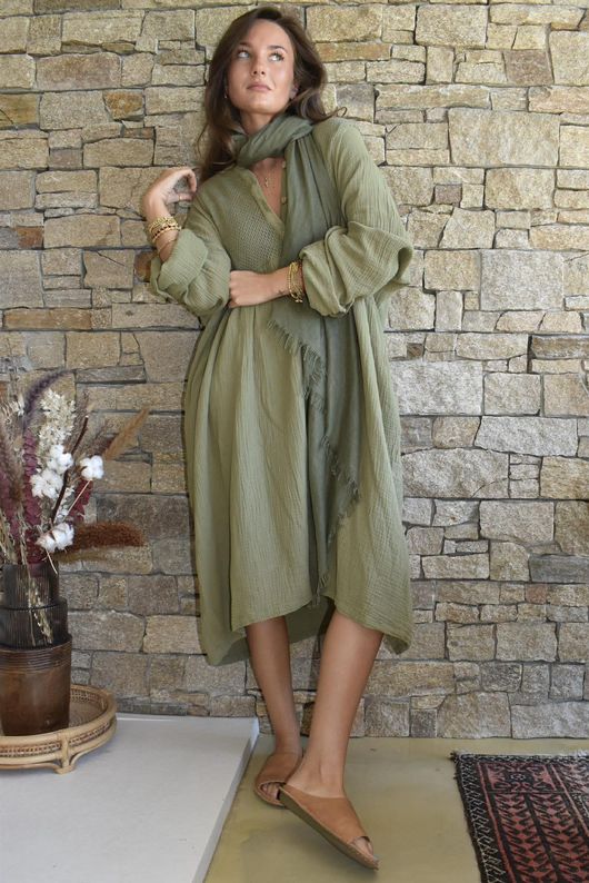 Dusk Bubble Cotton Teabag Smock Dress Olive