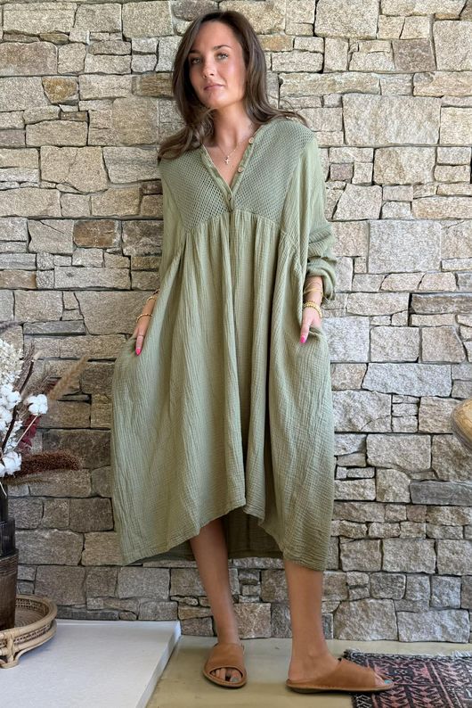 Dusk Bubble Cotton Teabag Smock Dress Olive