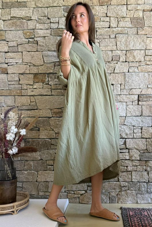 Dusk Bubble Cotton Teabag Smock Dress Olive