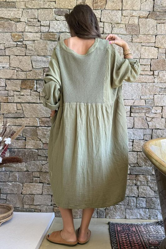 Dusk Bubble Cotton Teabag Smock Dress Olive