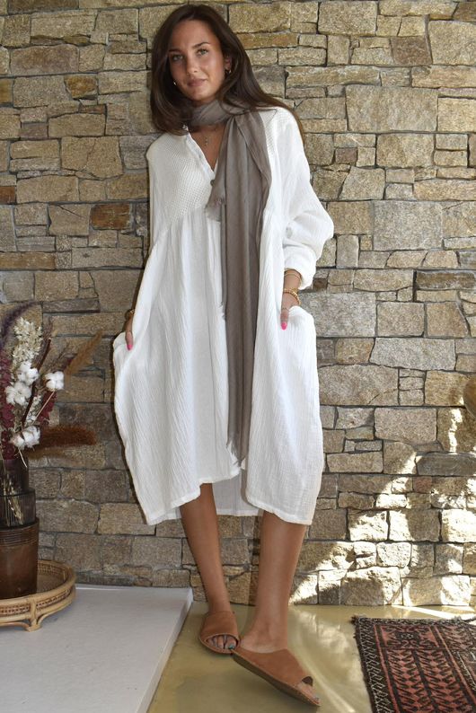 Dusk Bubble Cotton Teabag Smock Dress Warm White