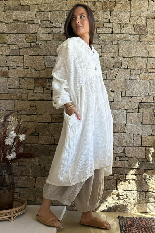 Dusk Bubble Cotton Teabag Smock Dress Warm White