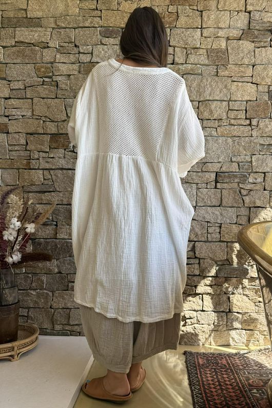 Dusk Bubble Cotton Teabag Smock Dress Warm White