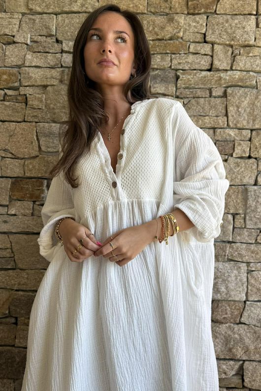 Dusk Bubble Cotton Teabag Smock Dress Warm White